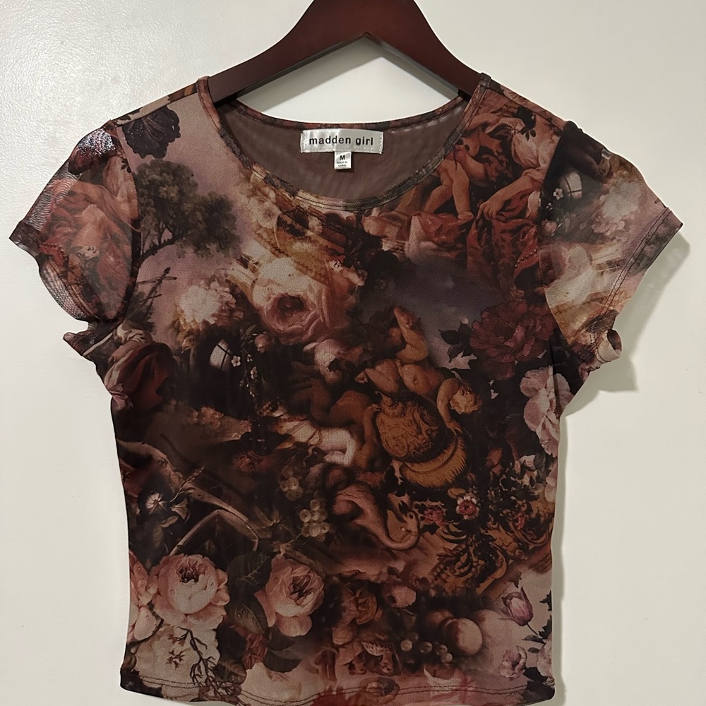 Madden Girl Brown Rose-Print Mesh Crop Top